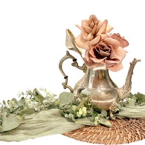 Elegant Vintage Silver Teapot Centerpiece  Muted Dusty Rose Bouquet